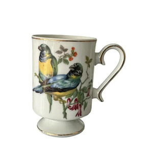 Vintage Royal Crown Bone China Bird Printed Footed Gold Trim Coffee Mugs